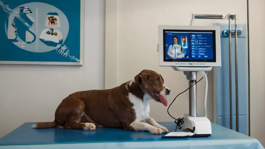 Animal deitado durante exame, com monitor exibindo dados